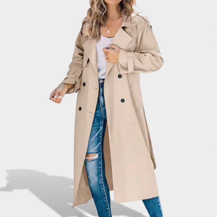 Damesjas met dubbele rij knopen, trenchcoat met ceintuur in de taille