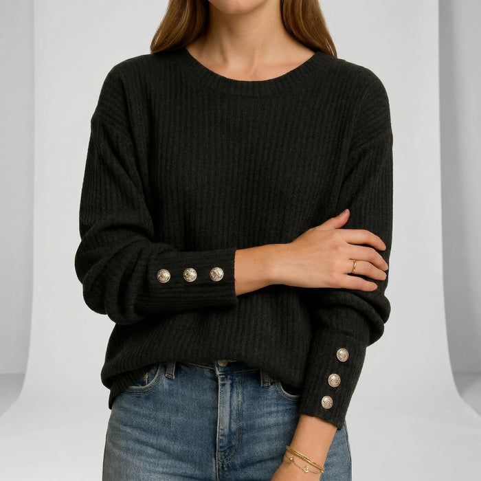 Women's Ribbed Crew Neck Jumper with Button Cuff Detail