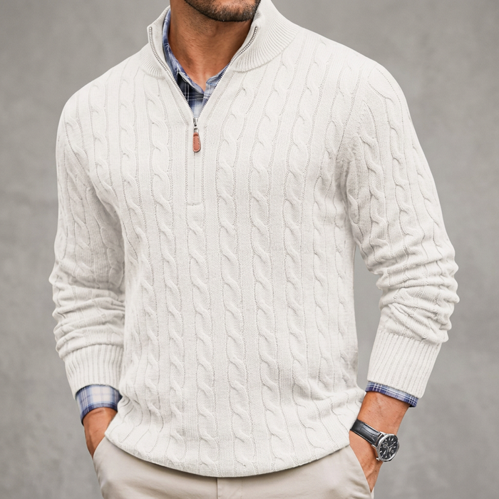 Men's Cable-Knit Quarter-Zip Sweater with Ribbed Collar and Cuffs