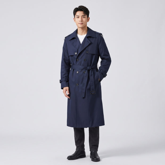 Men's Double-Breasted Trench Coat with Waist Belt