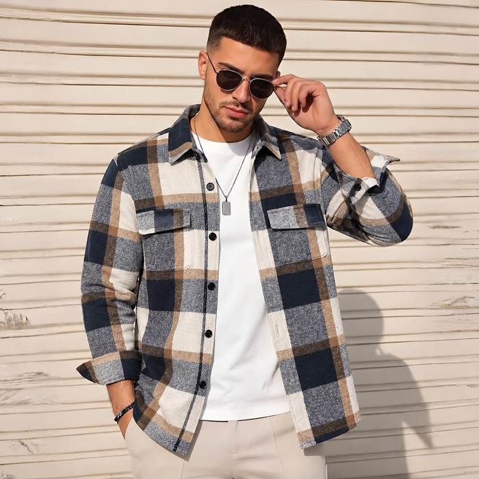 Camisa de franela de cuadros para hombre, con botones y manga larga