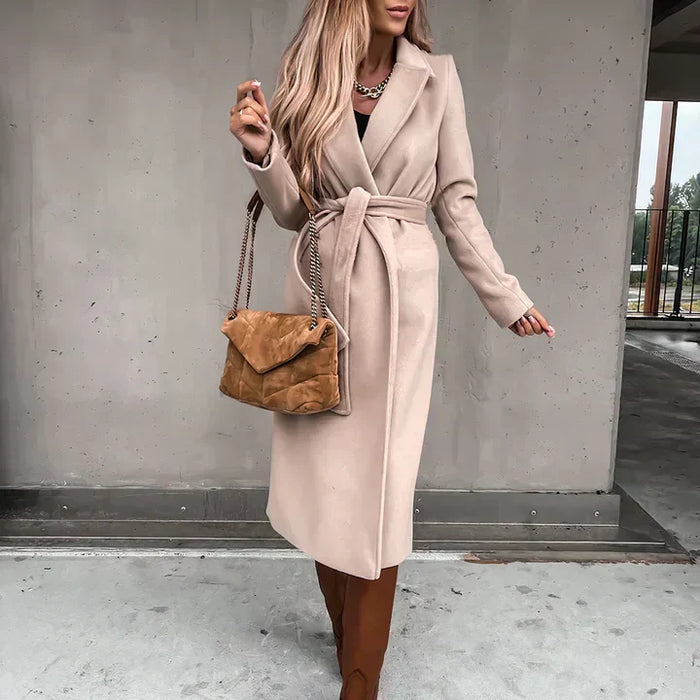 Women's Belted Trench Coat with Wide Lapel in Midi Length