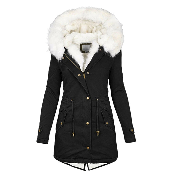 Damen-Winterjacke mit Kapuze, Fleecefutter und Knopfdetails