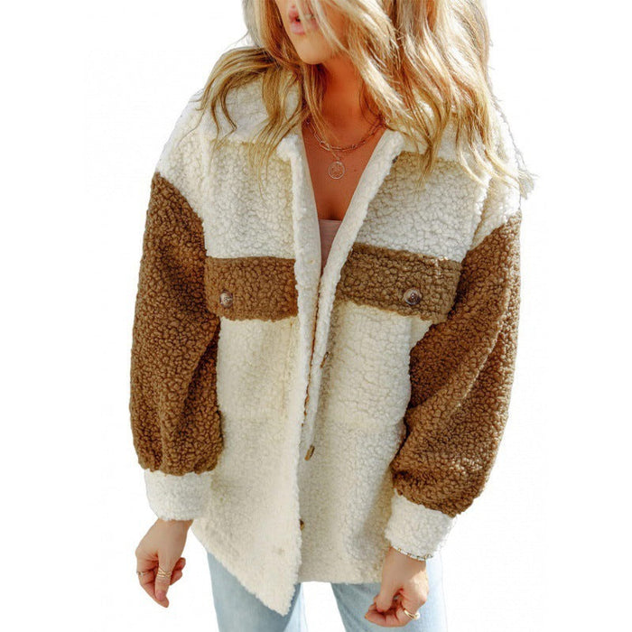 Damen-Teddyfleecejacke im Colorblock-Design mit Frontverschluss