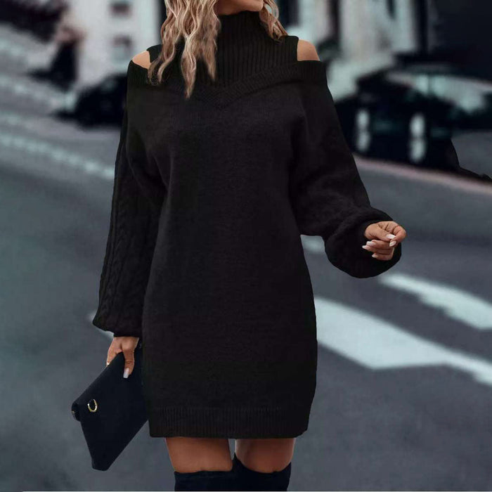 Robe-pull pour femme à épaules dénudées, col montant et maille torsadée