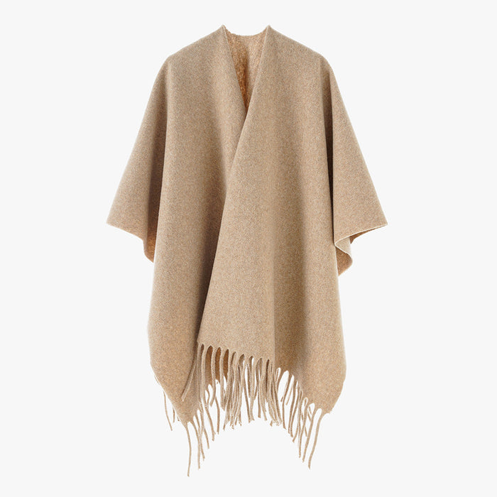 Damen-Cape mit offenem Vorderteil, Fransen und Wasserfall-Drapierung