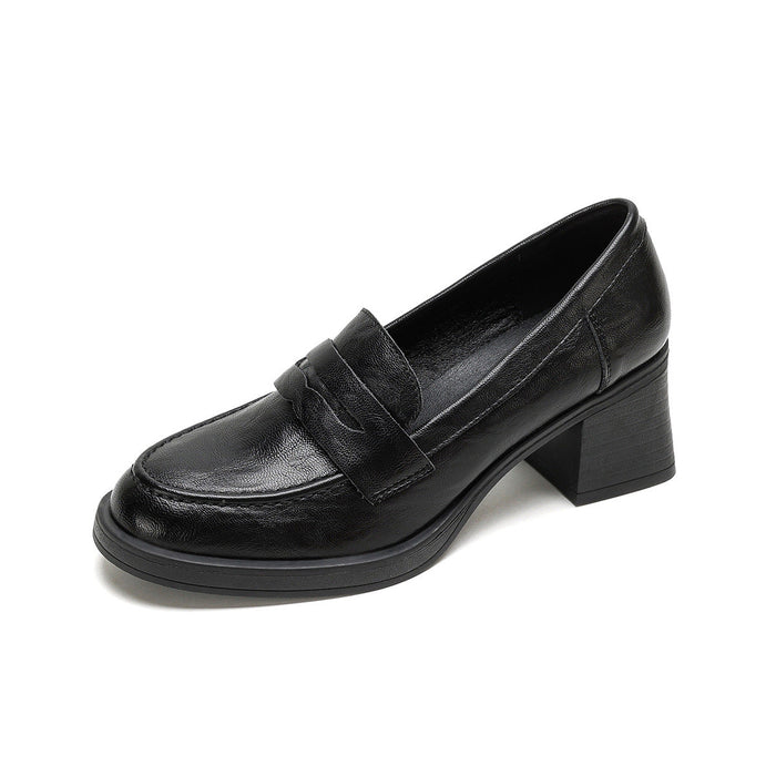 Women's Leather Block Heel Loafers Slip-On Pumps