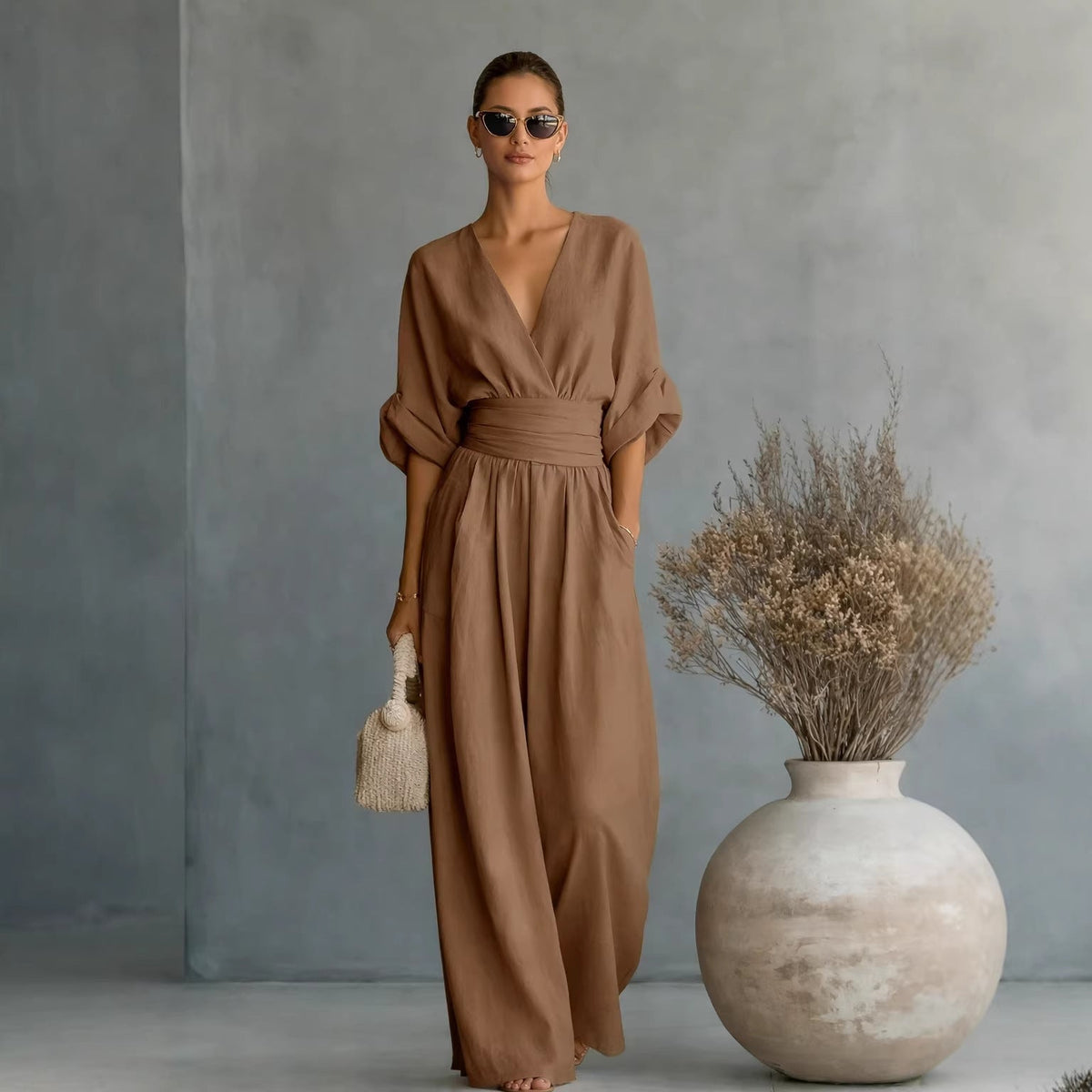 Women's Wide-Leg Jumpsuit with V-Neck and Elegant Draping