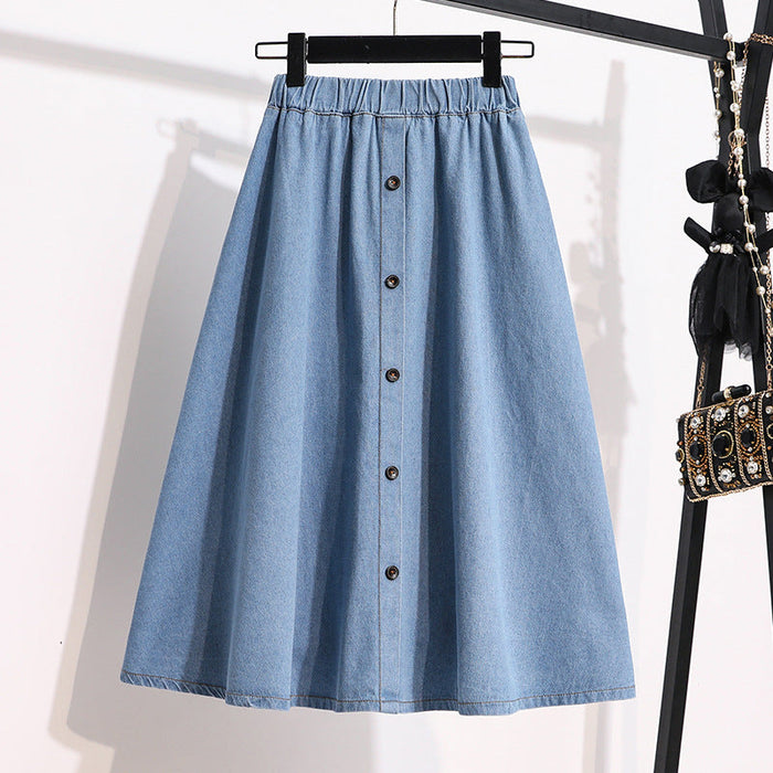 A-Linien-Denimrock für Damen mit Knopfleiste vorne und elastischem Bund