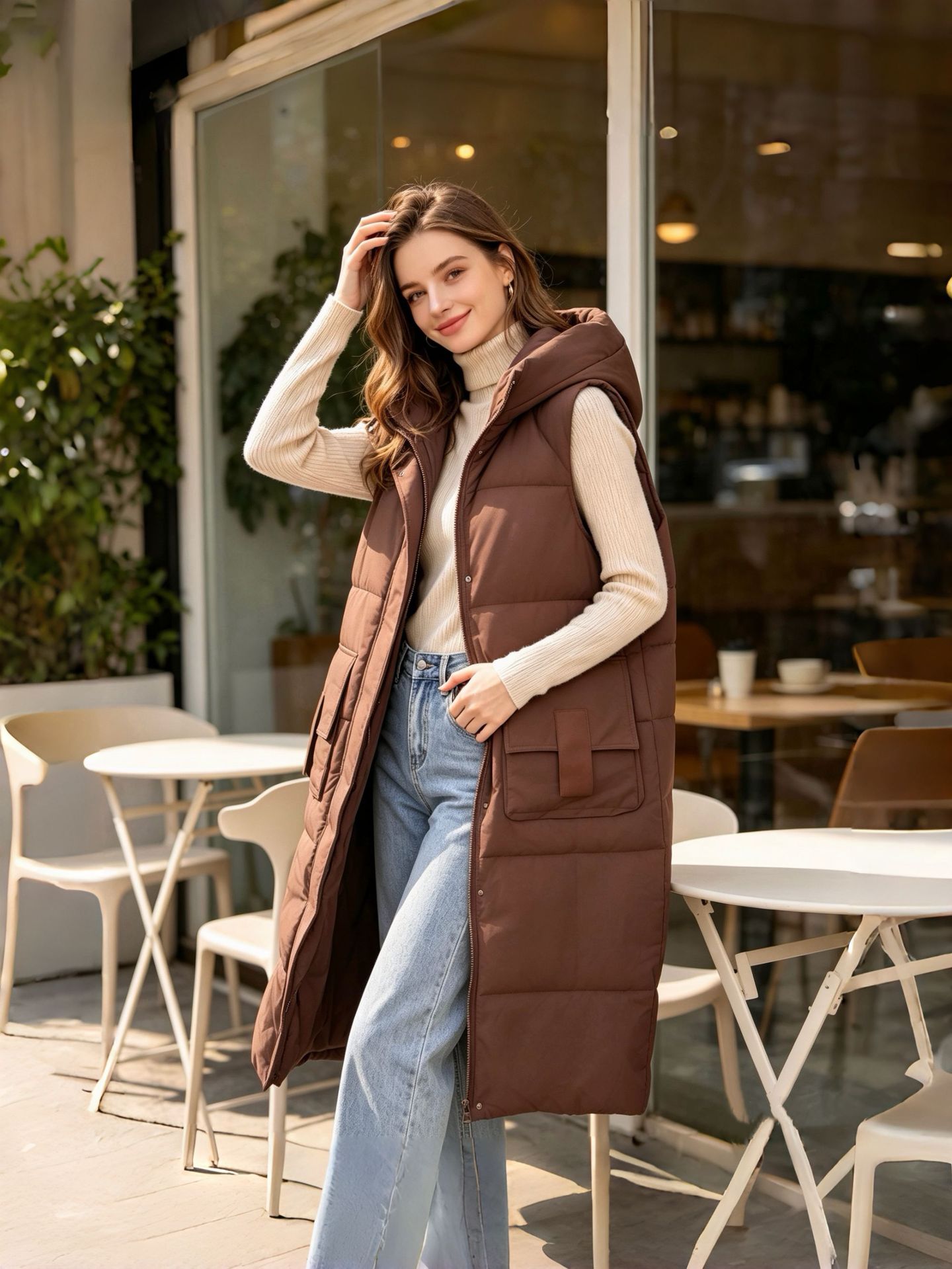 Women's Knee Length Quilted Gilet with Hood and Side Pockets