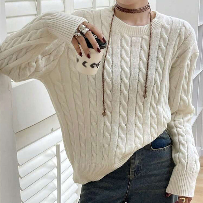 Women's Cable-Knit Jumper with Crew Neck and Boxy Fit