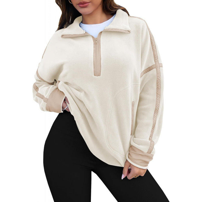 Damen-Fleece-Pullover mit halbem Reißverschluss und Kontraststreifen