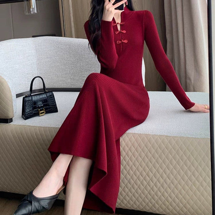Abito midi da donna a coste con scollo con coulisse
