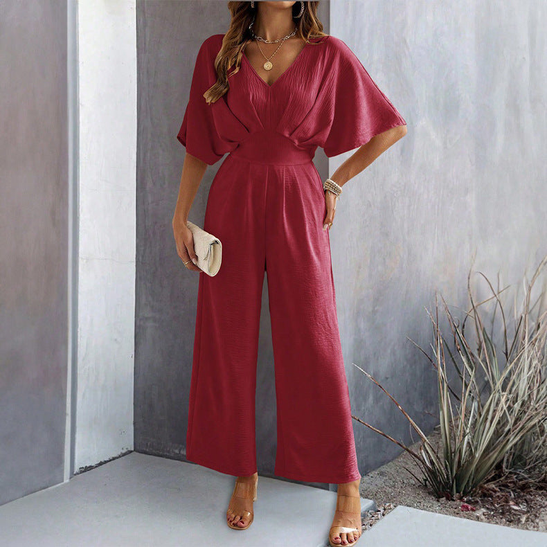 Women's Wide-Leg Jumpsuit with V-Neck and Elegant Draping