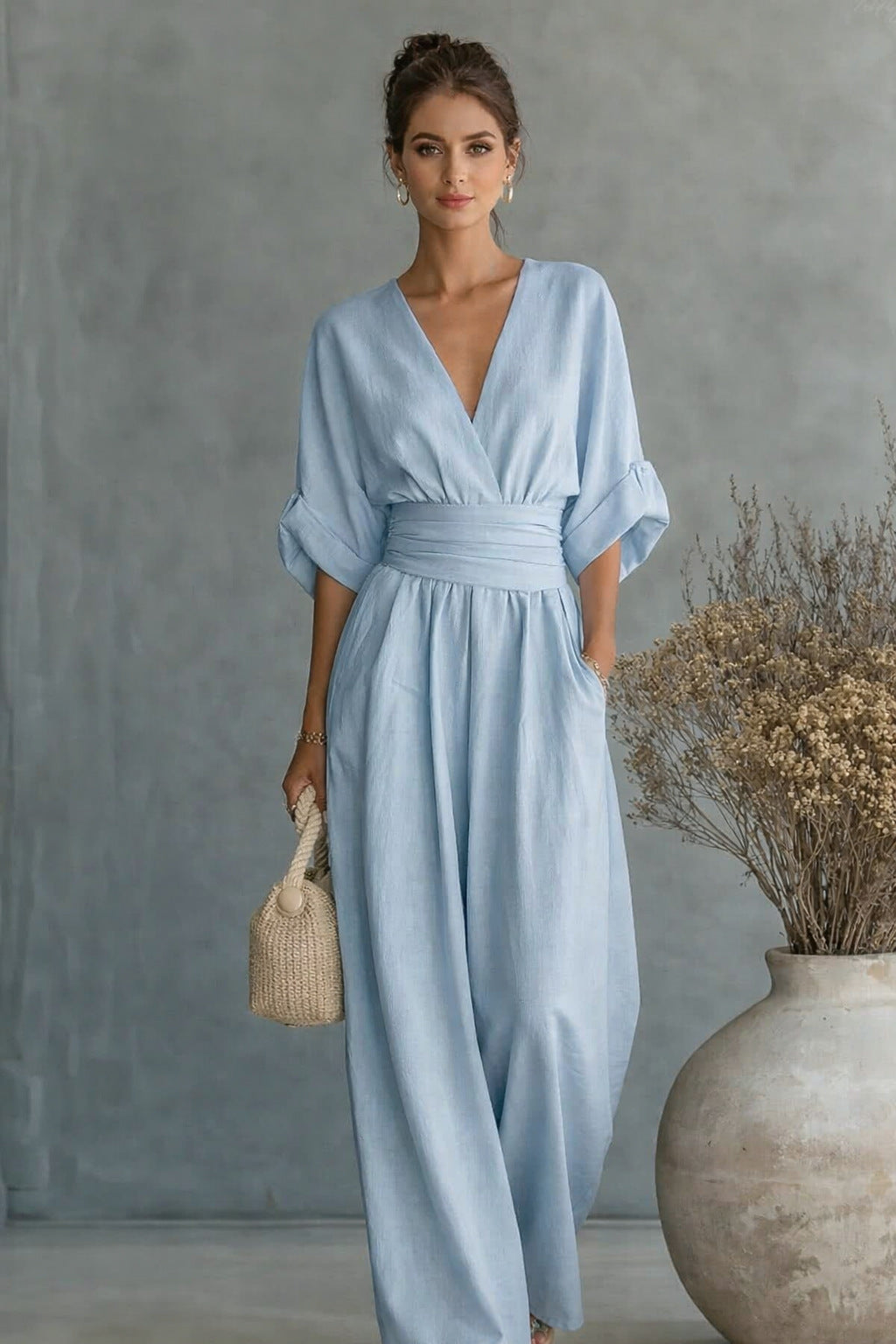 Women's Wide-Leg Jumpsuit with V-Neck and Elegant Draping
