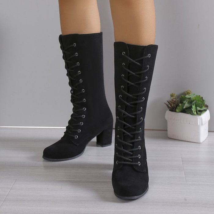 Damen-Schnürstiefel bis zur Wadenmitte mit Blockabsatz