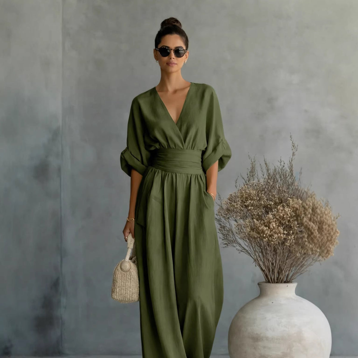 Women's Wide-Leg Jumpsuit with V-Neck and Elegant Draping