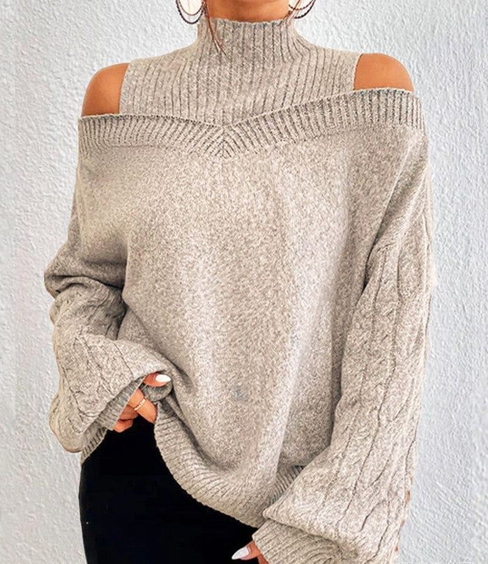 Damen-Rollkragenpullover mit Cut-outs an den Schultern und Zopfmusterärmeln