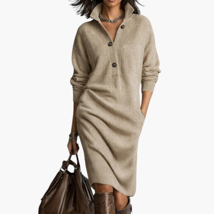 Dames midi-jurk met hoge kraag en lange mouwen