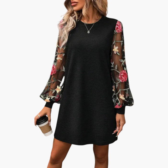 Women's Mini Dress with Embroidered Long Sleeves and Straight Cut