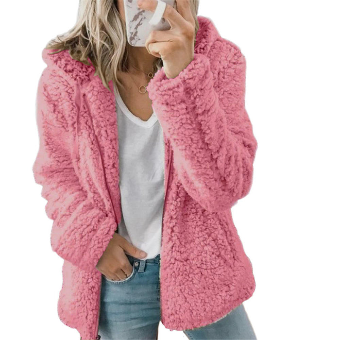 Casaco de lã teddy para mulher, com bolsos e fecho de correr