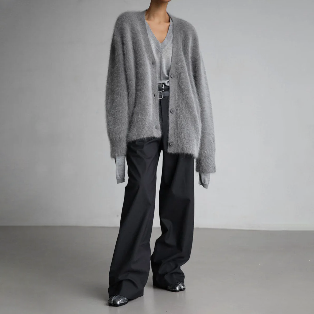 Women's Fluffy V-Neck Cardigan with Button Front and Long Sleeves