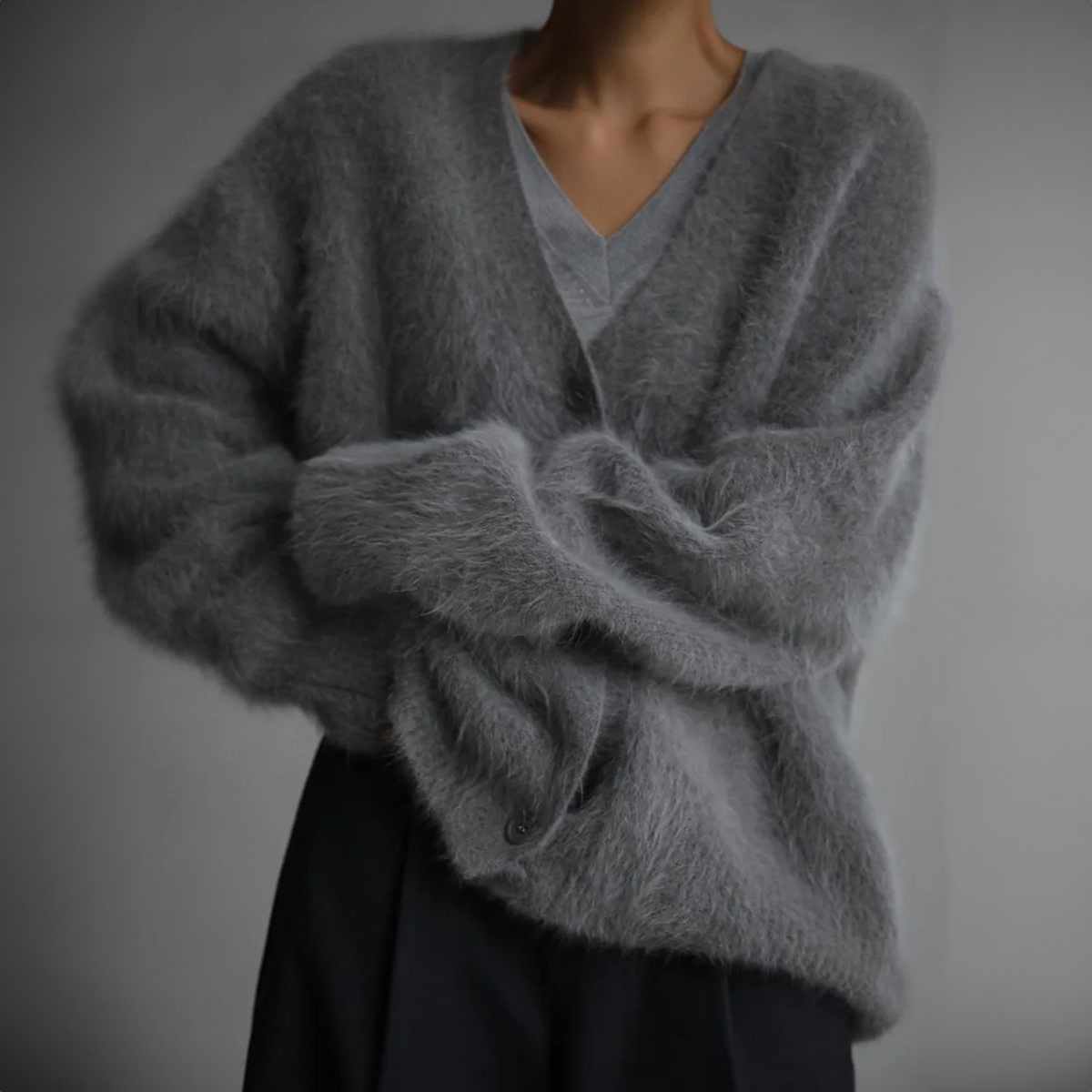 Women's Fluffy V-Neck Cardigan with Button Front and Long Sleeves