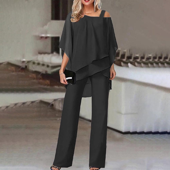 Tuta elegante da donna con spalle scoperte in chiffon leggero