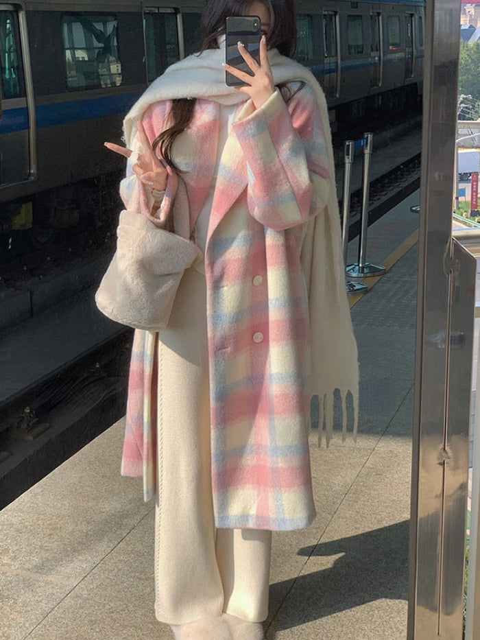 Women's Check Hooded Teddy Coat with Button Closure