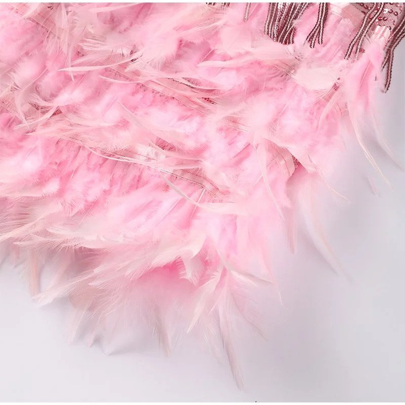 Women's Sequin Cocktail Dress with Feather Hem and Spaghetti Straps
