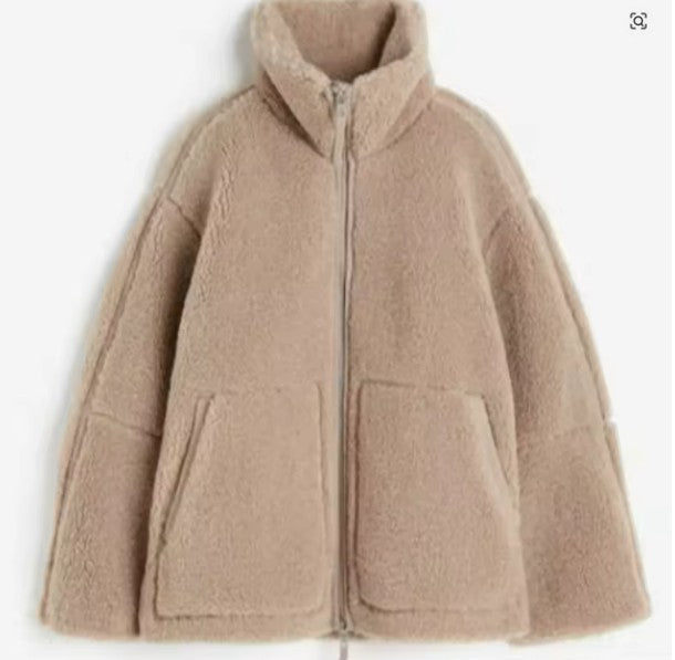 Women's Oversized Fleece Jacket with Stand Collar and Zip