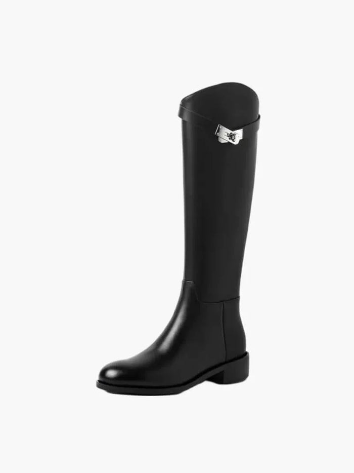 Womens boots with silver buckle and flat heel