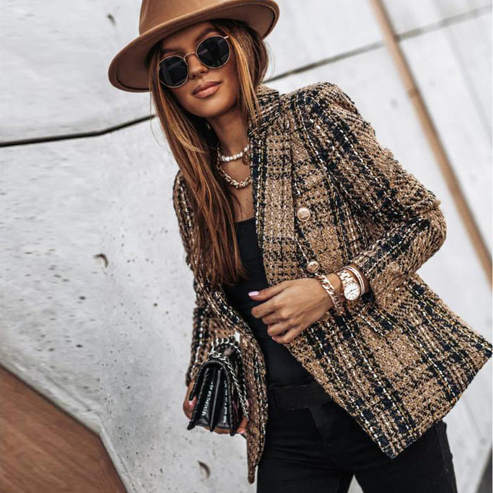 Damesblazer met dubbele rij knopen en ruitpatroon