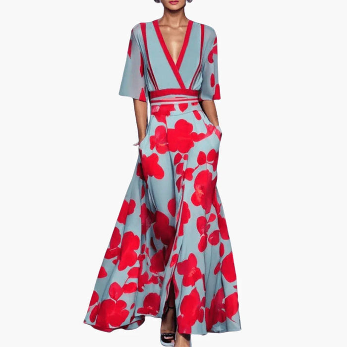 Bloemenjurk met V-hals voor dames  Elegant en lang
