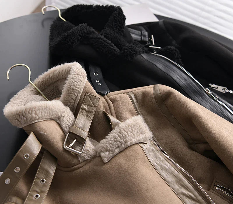 Women's Suede-Look Biker Jacket with Sherpa Fleece Lining