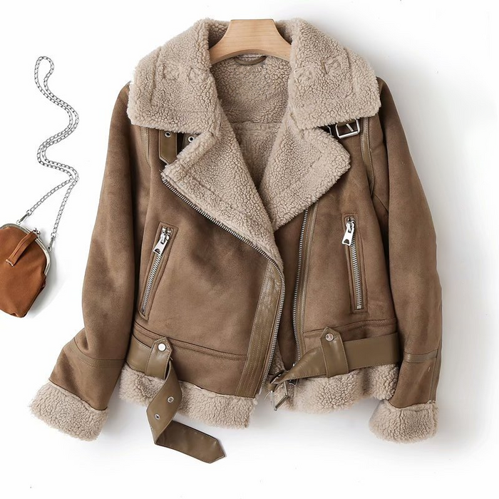 Giacca biker da donna effetto suede con fodera in pile sherpa