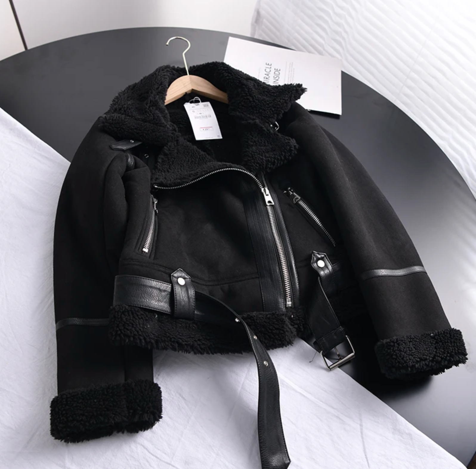 Women's Suede-Look Biker Jacket with Sherpa Fleece Lining