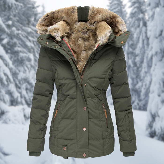 Elegante Damen-Winterjacke mit flauschiger Kapuze und warmem Futter