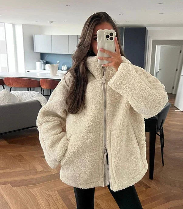 Oversized fleecejacka för kvinnor med ståkrage och dragkedja