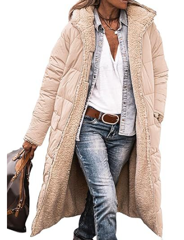 Women's Long Reversible Winter Coat with Hood and Teddy Lining