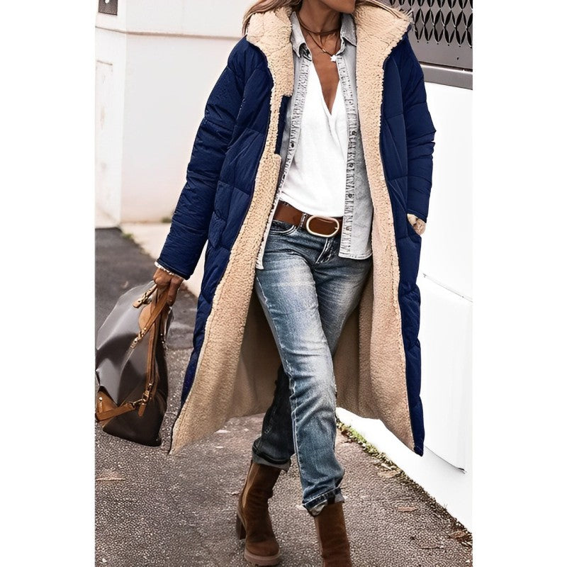 Women's Long Reversible Winter Coat with Hood and Teddy Lining