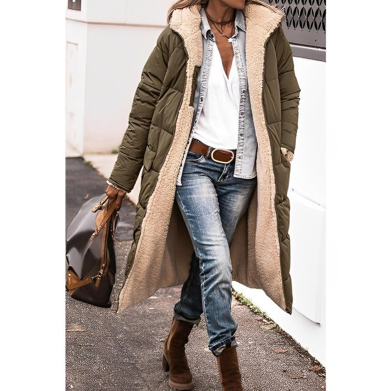 Women's Long Reversible Winter Coat with Hood and Teddy Lining