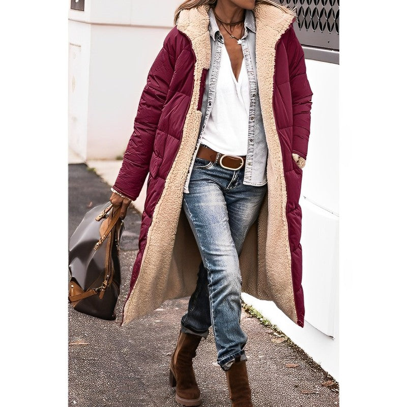Women's Long Reversible Winter Coat with Hood and Teddy Lining