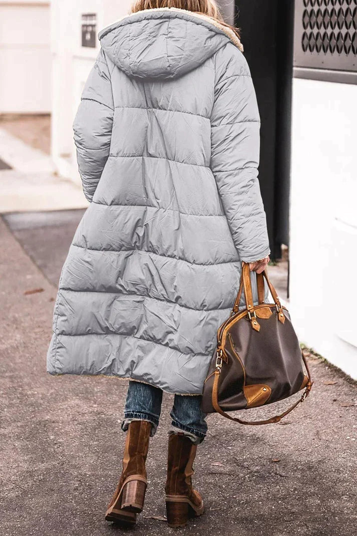 Women's Long Reversible Winter Coat with Hood and Teddy Lining