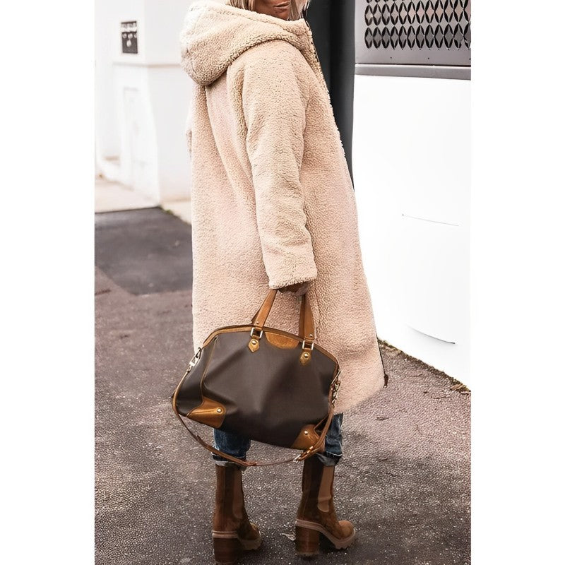 Women's Long Reversible Winter Coat with Hood and Teddy Lining