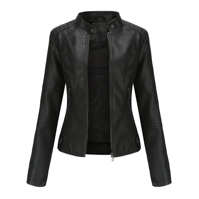 Women's Faux Leather Jacket with Mandarin Collar and Lining