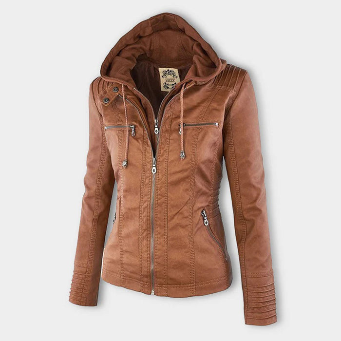 Women's Faux Leather Jacket with Drawstring Hood and Zip