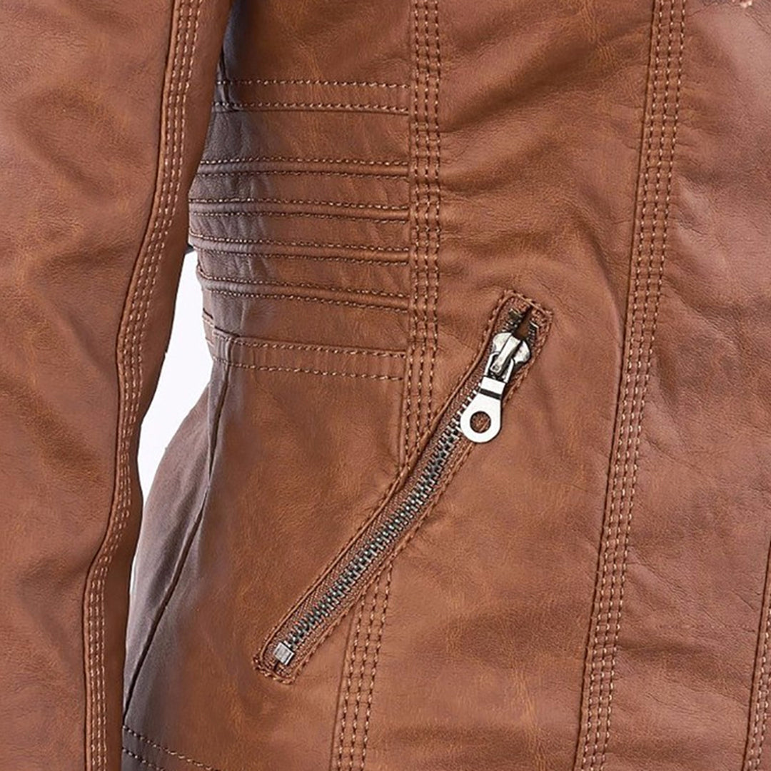 Women's Faux Leather Jacket with Drawstring Hood and Zip