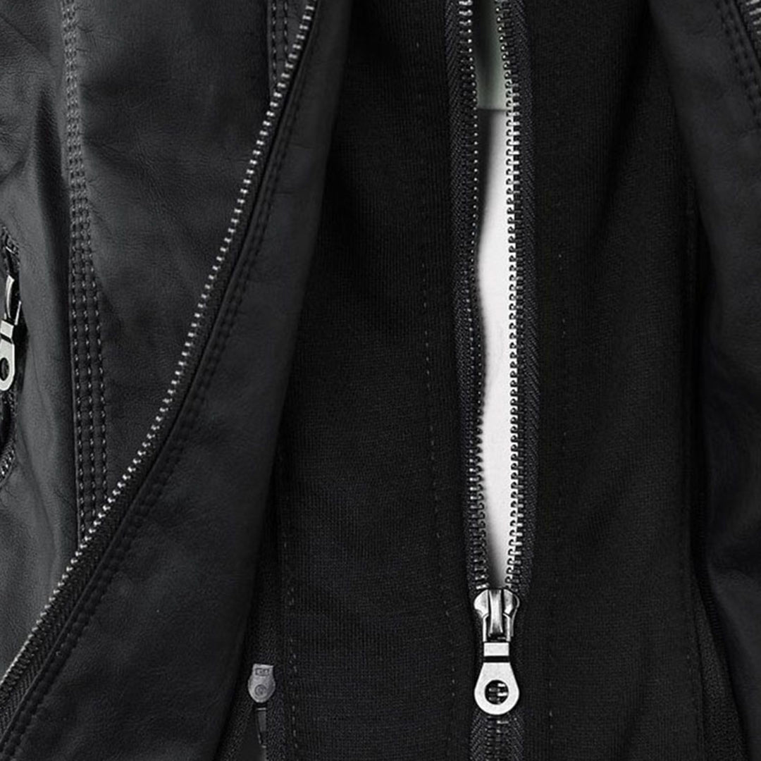 Women's Faux Leather Jacket with Drawstring Hood and Zip