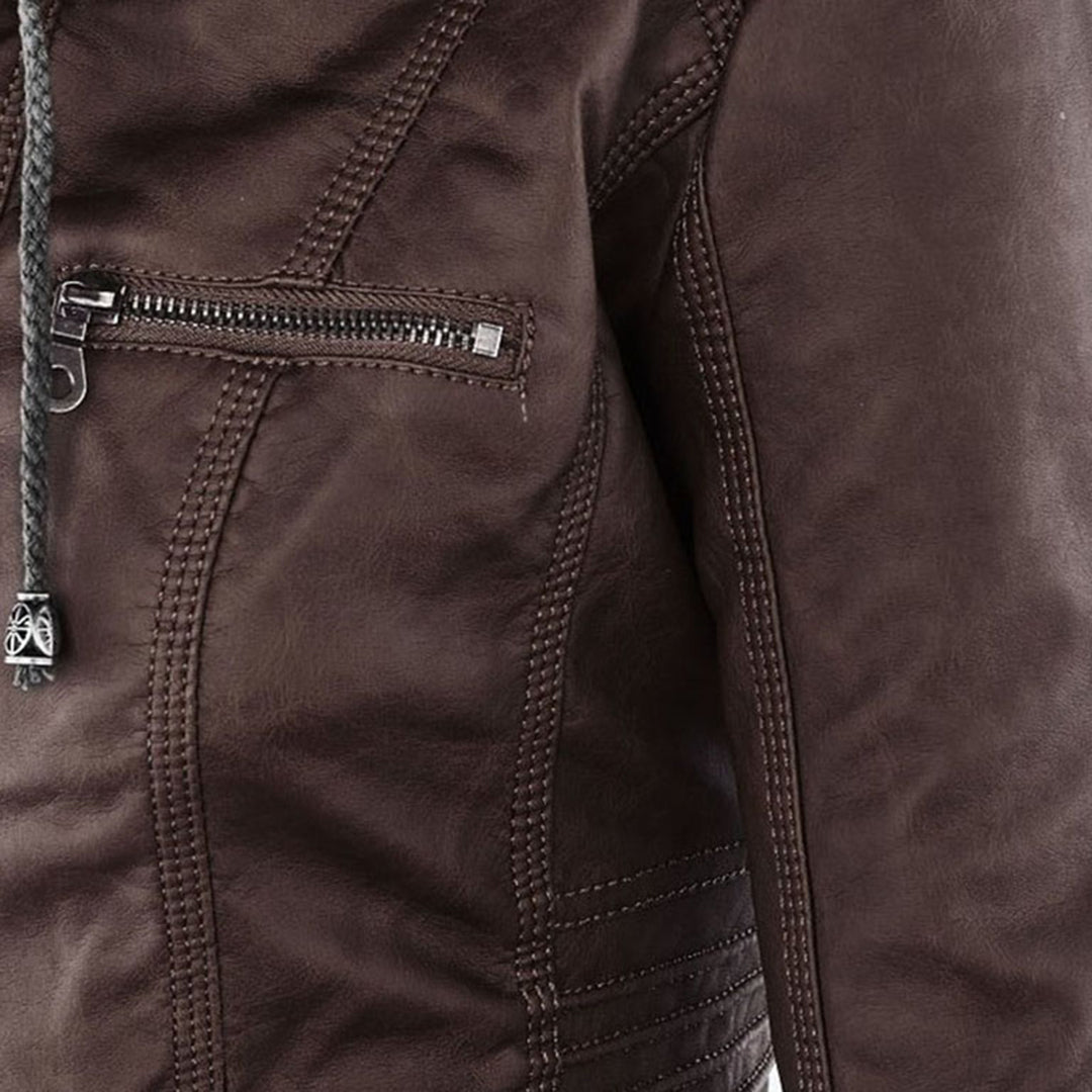 Women's Faux Leather Jacket with Drawstring Hood and Zip